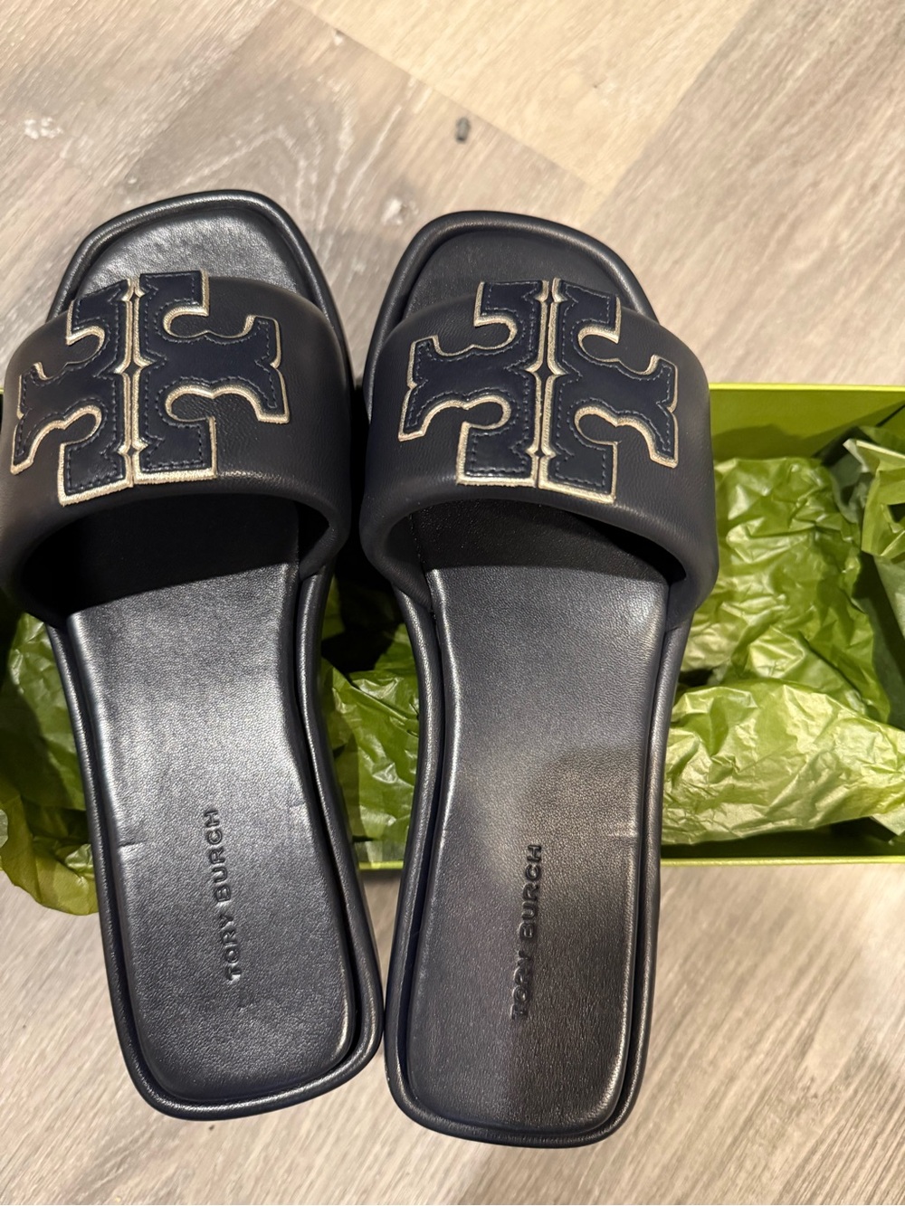 Tory Burch Navy Leather Gold trim Logo-Double T Sport Slide Sandals